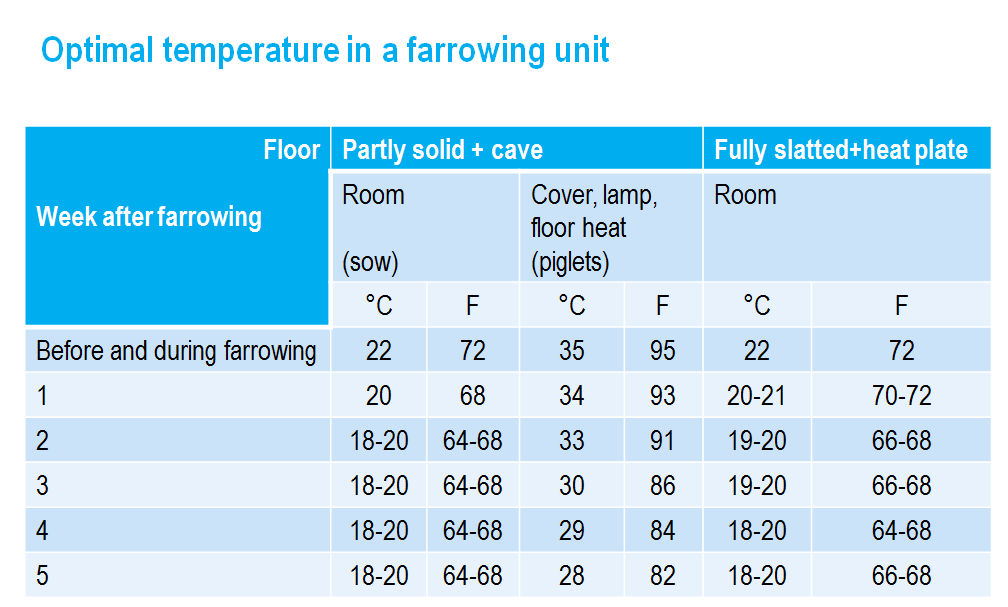 Optimal temperature in a farrowing unit